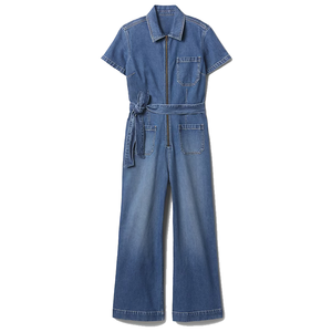 Women's Short Sleeve With Belted Waist Zip Front Multiple Pockets Trendy Casual Loose Fit Wide Leg Denim Overalls Denim Jumpsuit