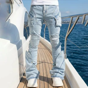 DiZNEW 2025 Men's Skinny Workwear Jeans with Multiple Pockets Modular Snap-Off Hem Reinforced Metal Snaps Mens Slim Fit Jeans