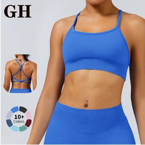 GH Hot Sell Wholesale Seamless High Quality Women Sports Hot Selling Shockproof Sexy Cross Back Seamless Front Logo Yoga Gym Bra