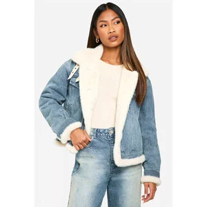 2024 New Trending Women's Denim Jacket with Long Sleeves and 2 Front Pockets Ladies OEM Jeans Jackets Blue Cotton Filled