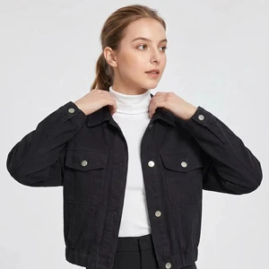Vintage Workwear Style Women Cropped Jacket Black Denim Utility Cargo Coat With Large Pockets Printed Stand Collar Eco-Friendly