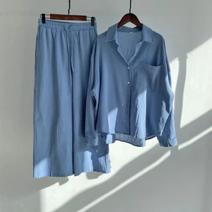 Women's 2-piece Set Retro Casual Plus Size Cotton Shirt + Long Pants Suits Elastic High Waist Straight Loose Trousers Suits