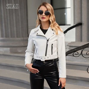 Faux Leather Jacket For Women Back Sexy Strap Crop Short Cropped PU Slim Zip Up Moto Biker Coat Motorcycle Jackets