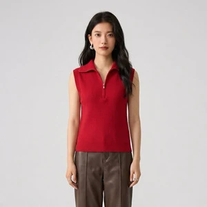 Factory Directly Sale Summer Thin Sleeveless Red Knitted Top Wool Blend Polo Neck Women's Knitted Vest