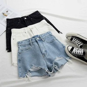 Ripped Denim Shorts Women's 2026 Summer High Waist Versatile Casual Regular Fit Straight Button Frayed Cheap Price