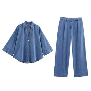 Women's Two-piece Set Denim Loose Shirt + Long Pants Straight Wide Leg Spring Autumn Fashion New Lady Elegant Casual Suits