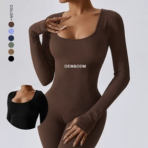 Sportswear One Piece Workout Jumpsuit Ribbed Long Sleeve Yoga Jumpsuit Plus Size Gym Jumpsuit Women