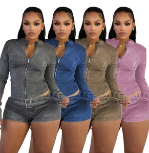 Tks Stock 4colors Casual Denim Women's Set Long Sleeve Top and Mini Belt Shorts Two Piece Women Sets Outfits .