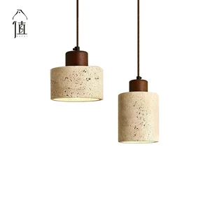 Natural Stone Shade Cylinder Pendant Light Walnut Wood Light Kit Retro Pendant Lamp Nordic Pendant Lighting For Kitchen Island