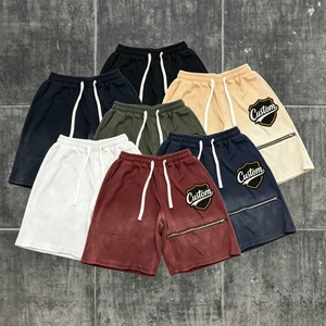 Men's Vintage Sun Fade 100% Cotton Sweat Shorts Custom Cut Edge Distressed Embroidered Patch Men's Summer Acid Wash Shorts