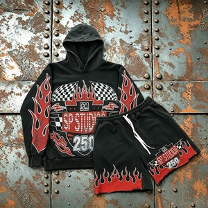 Summer Men's Streetwear 400 GSM 100% Cotton Acid Washed Pullover Hoodie And Shorts Set Flame DTG Print 2-Piece Tracksuit Set
