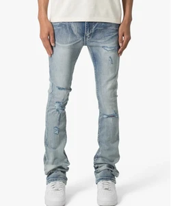 Yinope New Design Fashion Men's Elasticity Blue Vintage Wash Distressed Stacked Flare Fit Denim Jeans