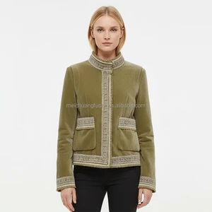 Custom Roll Neck Lace Contrasting Cropped Velvet Jacket For Women