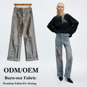 OEM Y2K Ripped Hollow Mid-rise Embossed Semi Transparent Denim Trousers Street Trend Women Straight Leg Jeans