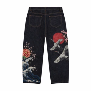 OEM Men's Relaxed Fit Black Denim Jeans Koi Embroidered Streetwear Trousers for Brands