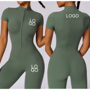 Custom Logo Front Zipper Sports Jumpsuits Quick Dry Sexy Fitness&Yoga Gym Sports Jumpsuit for Women Gym Wear Casual Apparel