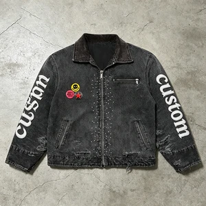 Custom Wholesale Mens Washed Denim Streetwear Jacket Vintage Distressed Punk Rhinestone Canvas Work Trucker Jacket