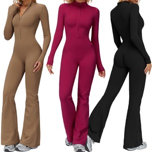 ELT9527 Women's Sports Jumpsuit Warm Long Sleeve Yoga Bodysuit Onesie One Piece Workout Stretchy Jumpsuits with Flared Pants