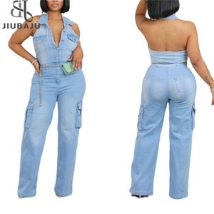 Blue Denim Fashion Straight Pants One Piece Jumpsuits Women Washed Jean Halter Pocket Playsuits Female Cowboy Overalls