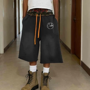 Wholesale Men Cotton Acid Wash Streetwear Knee-length Biker Shorts Raw Hem Baggy Jogger Sweat Short Homme Vintage Summer Bottoms