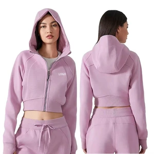 Hooded Tracksuit Women Zip Up Cropped Jacket Elastic Waist Bottoms Soft Fabric Outdoor Workout Outfit Sports Gym Wear Hoodie