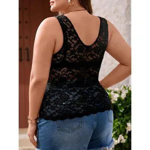 New 2026 Custom Women's Plus Size Floral Lace Sleeveless Tank Top V Neck Scalloped Trim Regular Fit Needle Detection