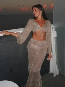 2025 Summer Women's Sexy Beachwear Swimsuit Cover Solid Colour Two-piece Set with Big Bell Sleeve Lace-up Top Long Skirt K128
