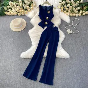 Stylish and Chic Outfit Round-neck Sleeveless Denim Vest With Metal Buckles Paired With High-waisted Wide-leg Pants