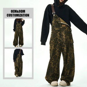 Wholesale Custom Casual Pants Leopard Denim Jeans with Pocket Baggy Cargo Jumpsuit Overalls Suspender for Summer Womens Denim