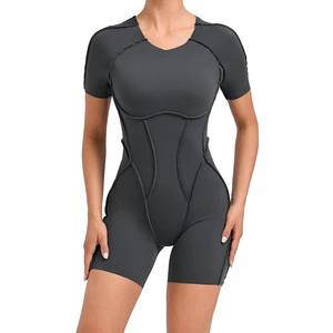 Women's Sports Fitness Jumpsuit High Elasticity One Piece with Open Back Short Sleeve Bodysuit