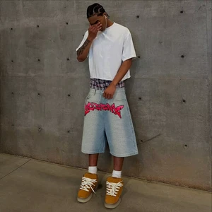 OEM Custom Mid Waist Hip Hop Woven Solid Jean Shorts Distressed Vintage Washed Damaged Loose Men's Denim Ripped