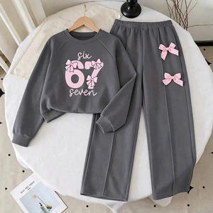 Ins Style Tween Girls Grey Fashion Digit Print Round Neck Long Sleeve Top & Wide Leg Pants Set With Bow Decor For School Wear