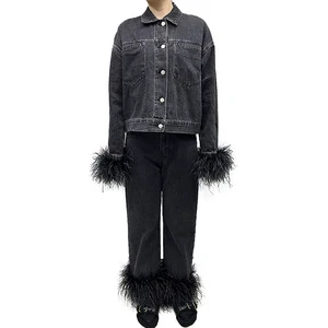 Trendy Fluffy Ostrich Fur Cuffs Ladies Suit Women Casual Spring Denim Suit With Feathers