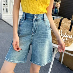 Plus Size Women's Light Blue 5-Pocket Eco-Friendly Quick Dry Breathable Denim Capris High Waist Wide Leg Jeans Casual Summer