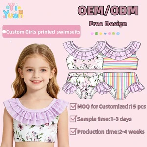 Customized Girls Ruffle Neck Two-Piece Swimsuits Low MOQ 15pcs OEM/ODM 2-12 Years Kids Floral Rainbow Print Bikini Bathing Suits