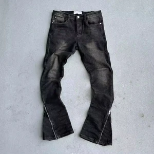 Custom Men's Vintage Wash Skinny Flared Jeans Stacked Zip-Up Open Bottom Denim Pants for Spring Summer Autumn Streetwear