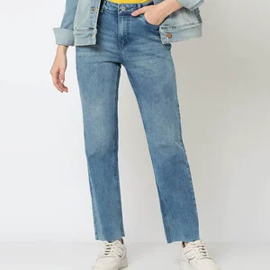 Mid Waist Flare Leg Blue Denim Jeans Women's Casual Full Length Distressed Cotton Pants Regular Fit Button Fly Summer Flat