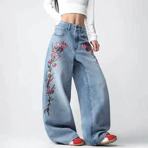 Custom Women's Y2K Retro Street Casual Loose High Quality Flower Embroidered Multi Pockets Jeans