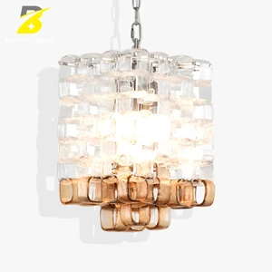 Amber Gradient Glass Block Chandelier with Polished Chrome Frame for Kitchen Island