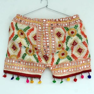 Casual Phulkari Shorts for Plus Size Women Hand Embroidered High Waist Design Sequins Drawstring Closure Loose Fit Hot Pattern