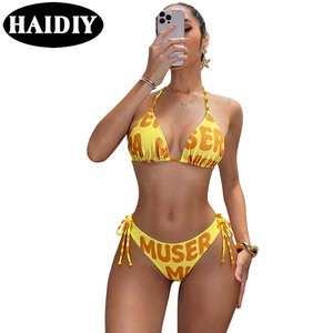 Fast Custom Sexy Solid Push Up Letter Prints Wrinkle Triangle Two Piece Bikini Women Halter Belt Swimwear
