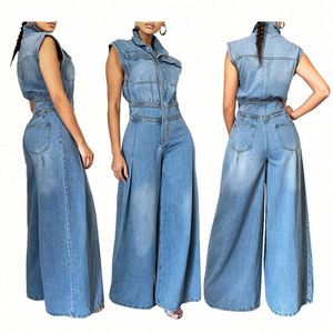 Fashionable Women's Summer Loose Fit High Button Front Solid Color Washed Denim Jumpsuit Standing Collar Cross Border Sourcing