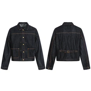11KN American Retro Denim Jacket for Men Women Original Blue Washed Design Short Wide Lapel Long Sleeve Top Coat Nylon/Cotton