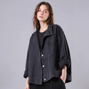 OEM ODM Loose Regular Denim Jacket Fashion Dark Black Wash Cotton Denim Customizable Women Jacket