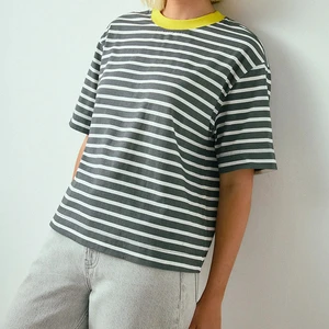 Custom Loose Vintage Casual Daily Top Women Crew Neck Drop Shoulder Short Sleeve Tee Striped Oversized T-Shirt
