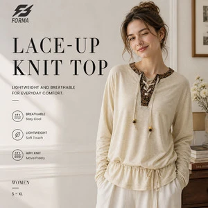 Women Solid Thin Spring Boho Lace-Up Knit Top Adjustable Drawstring Waist Long Sleeve Casual Blouse