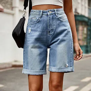 Women's High Waist Gym Roll Cuff Rhinestones Denim Shorts Straight Y2K Women Denim Shorts Hip Hop 100% Cotton Summer Jean Shorts