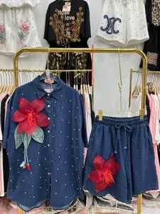 Zitong Denim Women's Short-sleeved Jacket and Shorts Series, Fashionable and Suitable for Summer, 100% Pure Cotton Print
