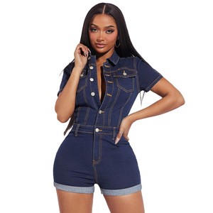 2025 Slim Fit Sexy Blue Denim Top and Pants Casual Women's Denim Jumpsuit Summer Denim Tight Jumpsuit