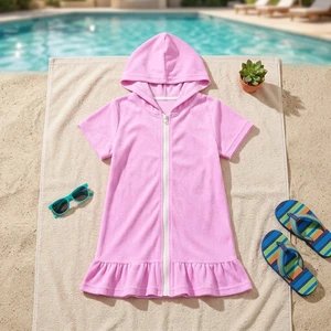 Girls Beach Cover Ups Terry Kids Summer Swim Cover up Comfortable Swimdress Zipper-up Vacation BeachWear Children Apparel